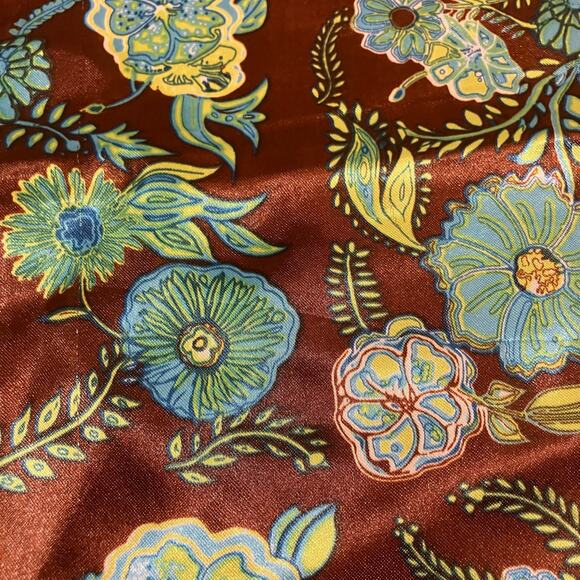 Brown and blue green floral satin square scarf neckerchief, bohemian boho chic - Picture 8 of 9